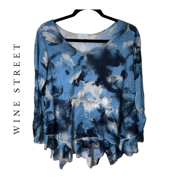 0233. WINE STREET BLOUSE 3/4 SLEEVE BLUE GRAY WATER COLOR‎ RUFFLES - Picture 1 of 9